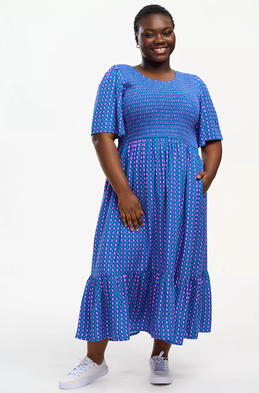 Rumi Shirred Midi Dress - Blue, Dotted Lines