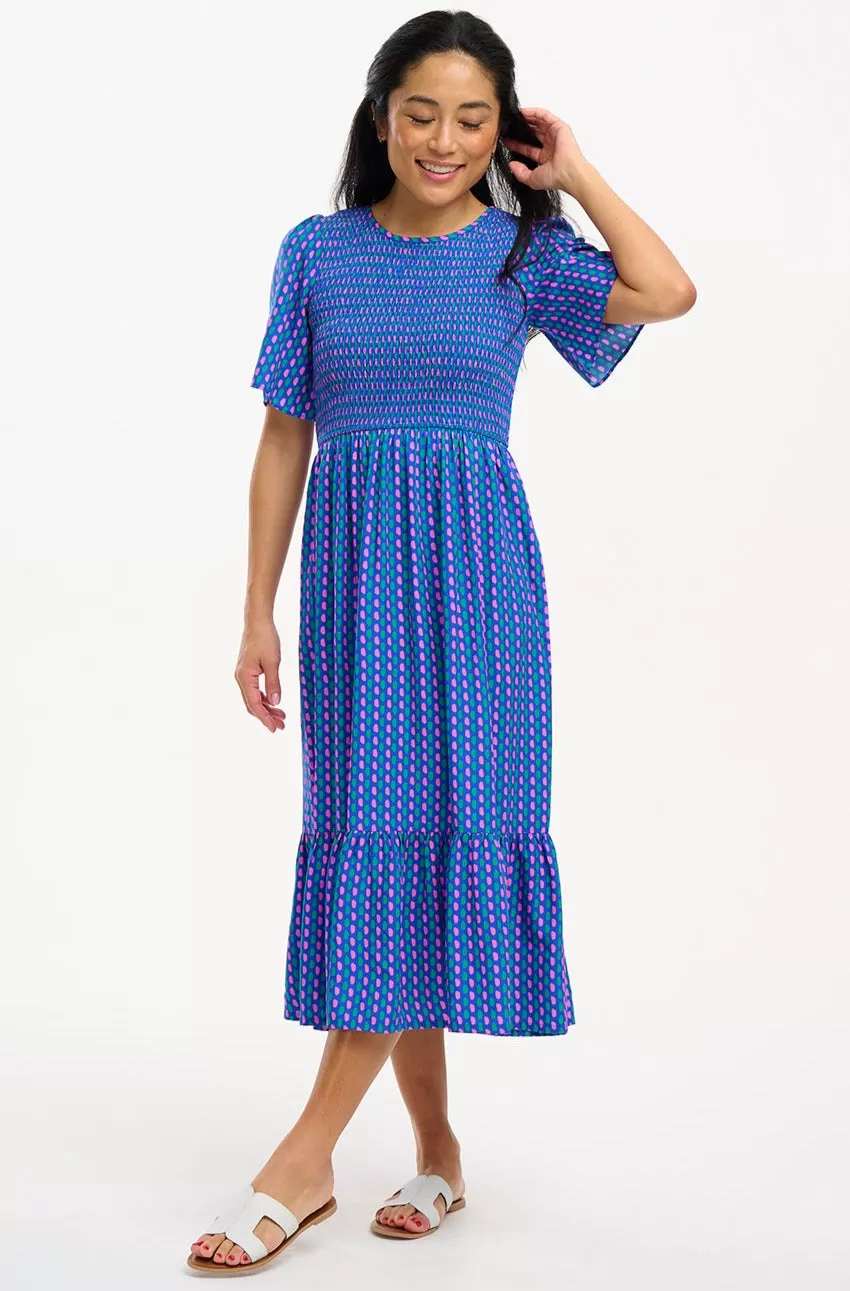 Rumi Shirred Midi Dress - Blue, Dotted Lines