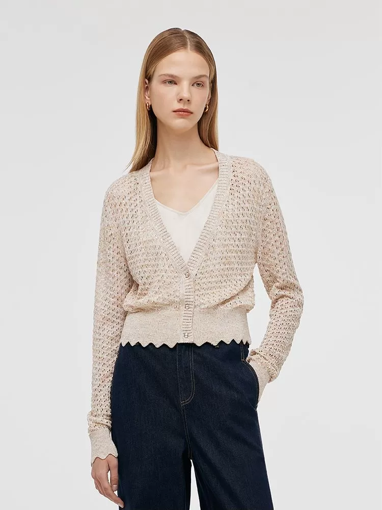 Sequins Wave-Cut Trim Women Knitted Cardigan