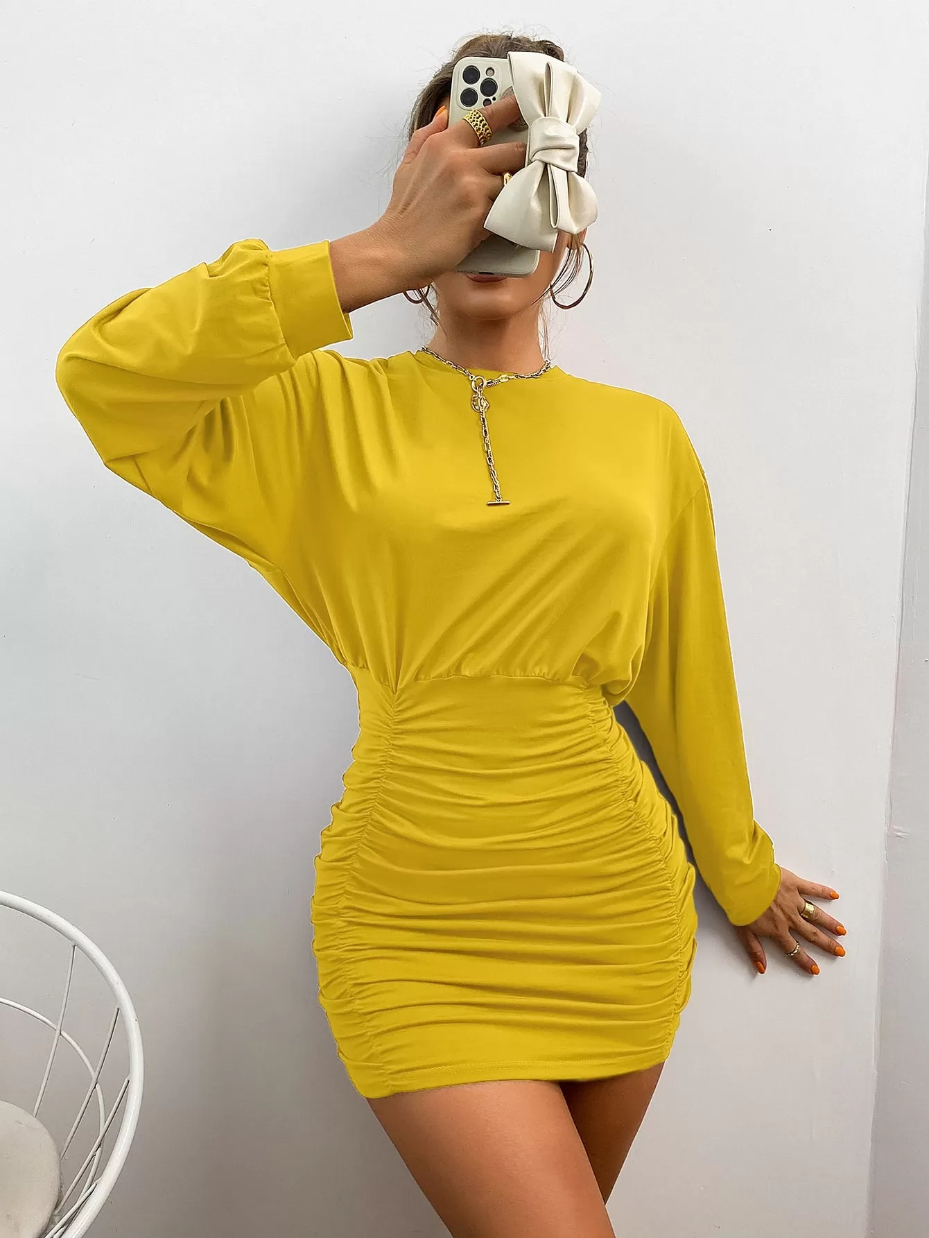 Solid Ruched Drop Shoulder Bodycon Dress