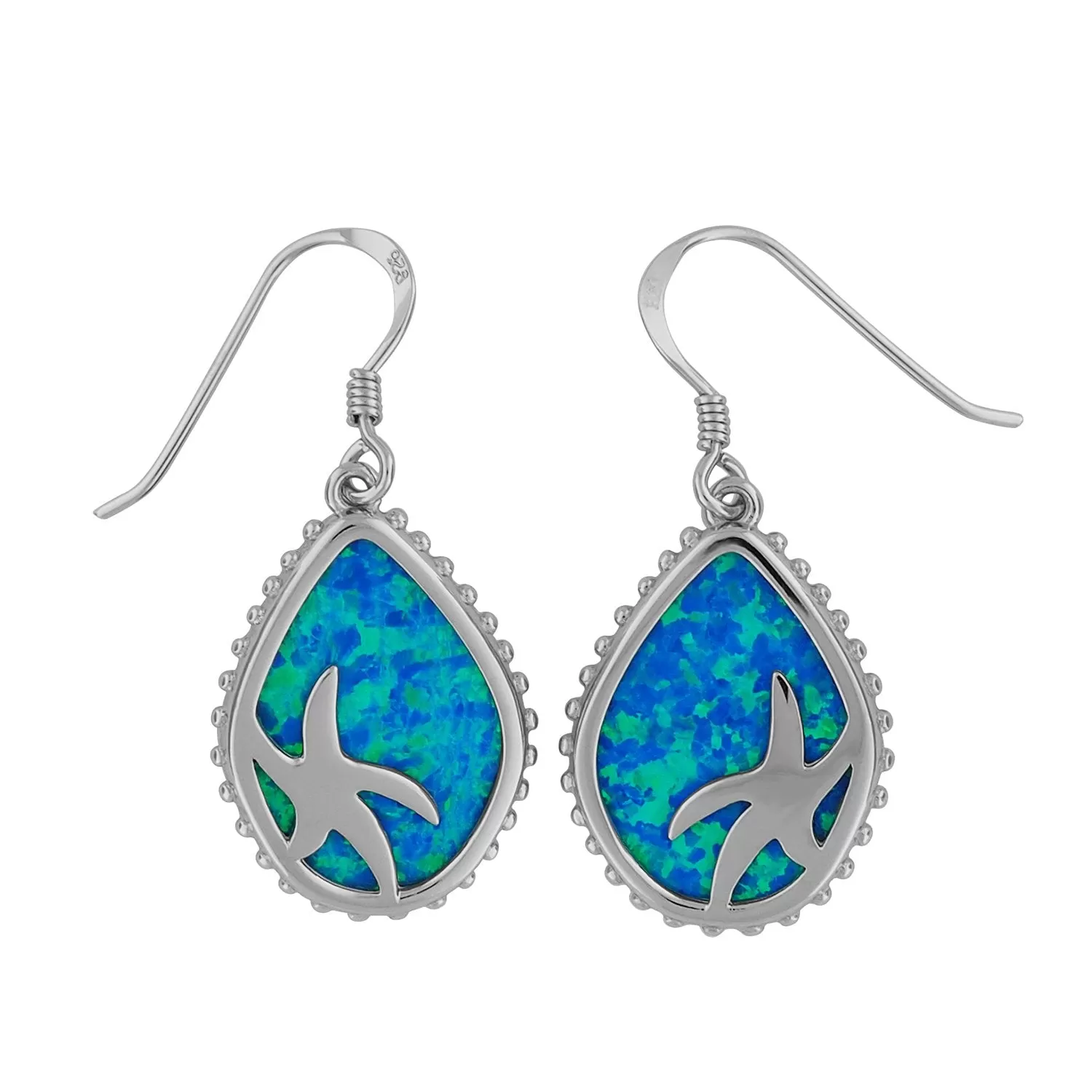 Sterling Silver Synthetic Blue Opal Teardrop Starfish Dangle Earrings