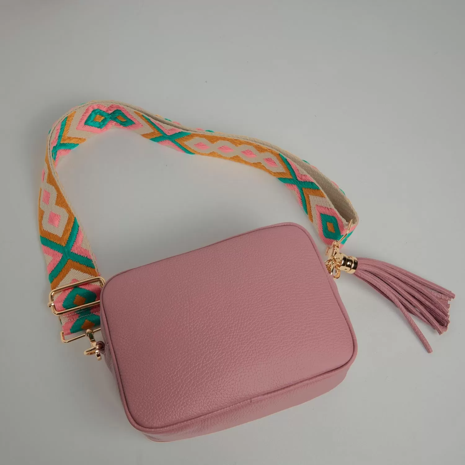 Verona Crossbody Tassel Antique Pink Bag with Mustard and Pink Boho Strap