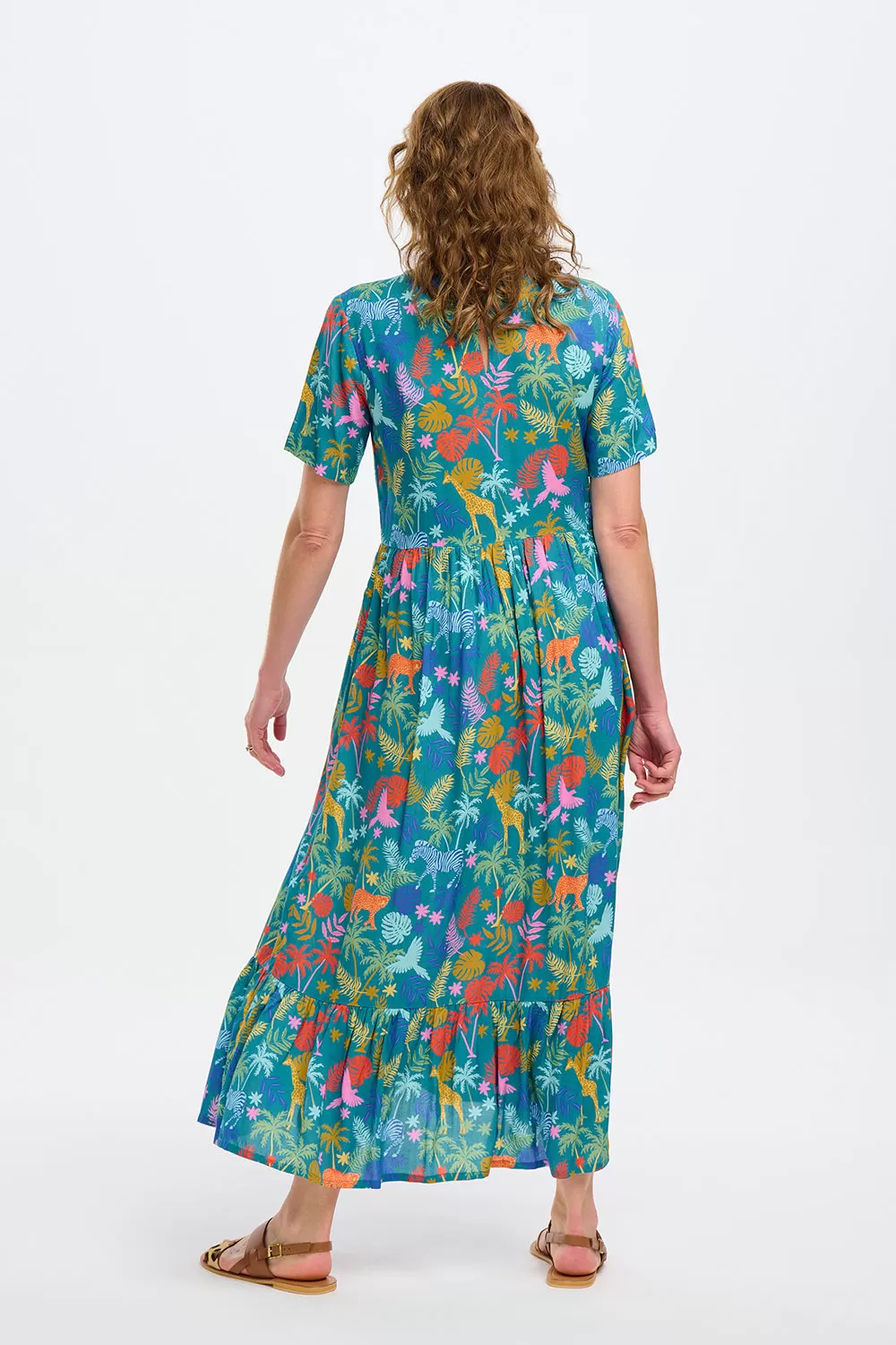 Vicky Maxi Smock Dress - Teal, Rainbow Jungle