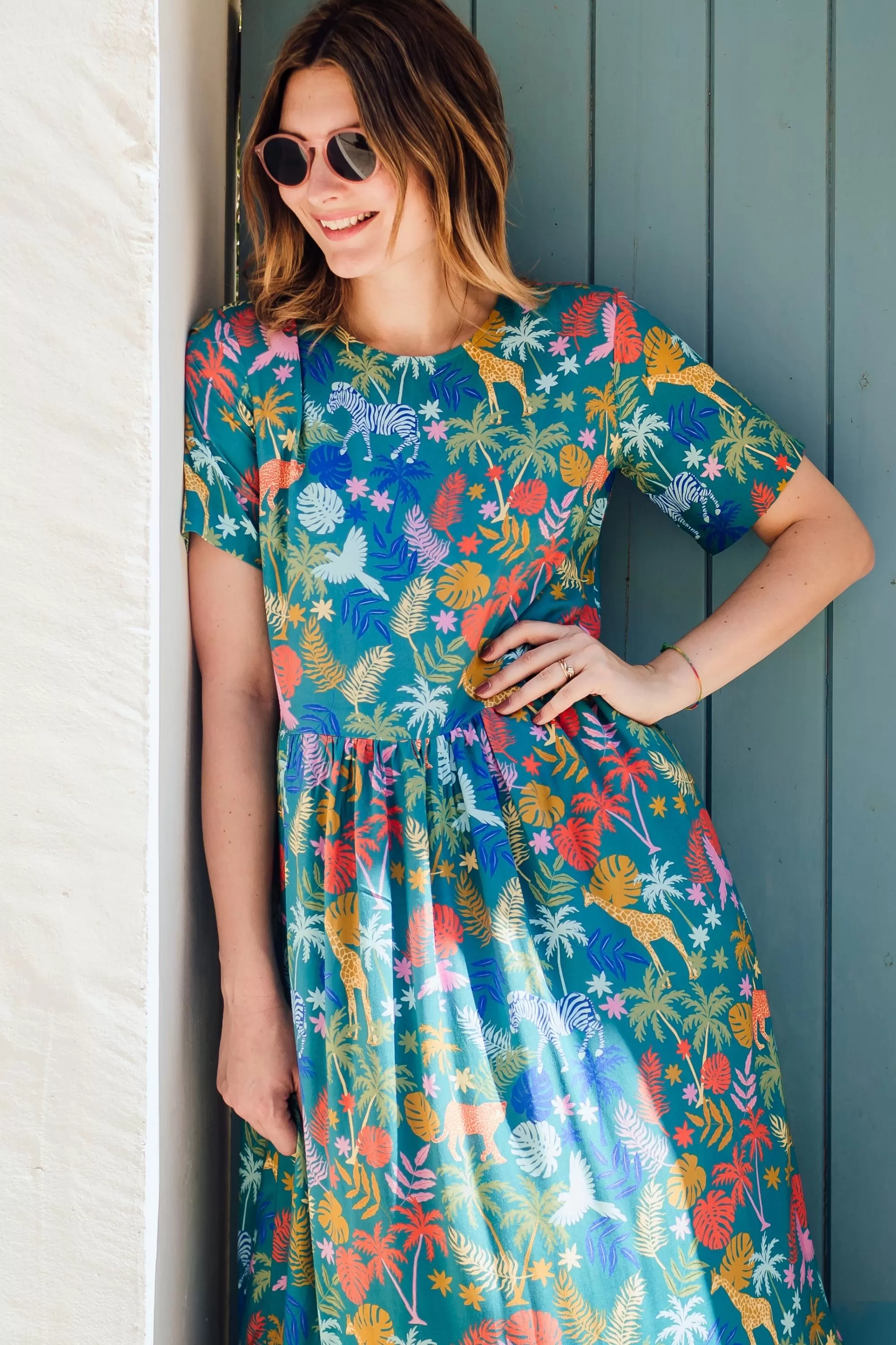 Vicky Maxi Smock Dress - Teal, Rainbow Jungle