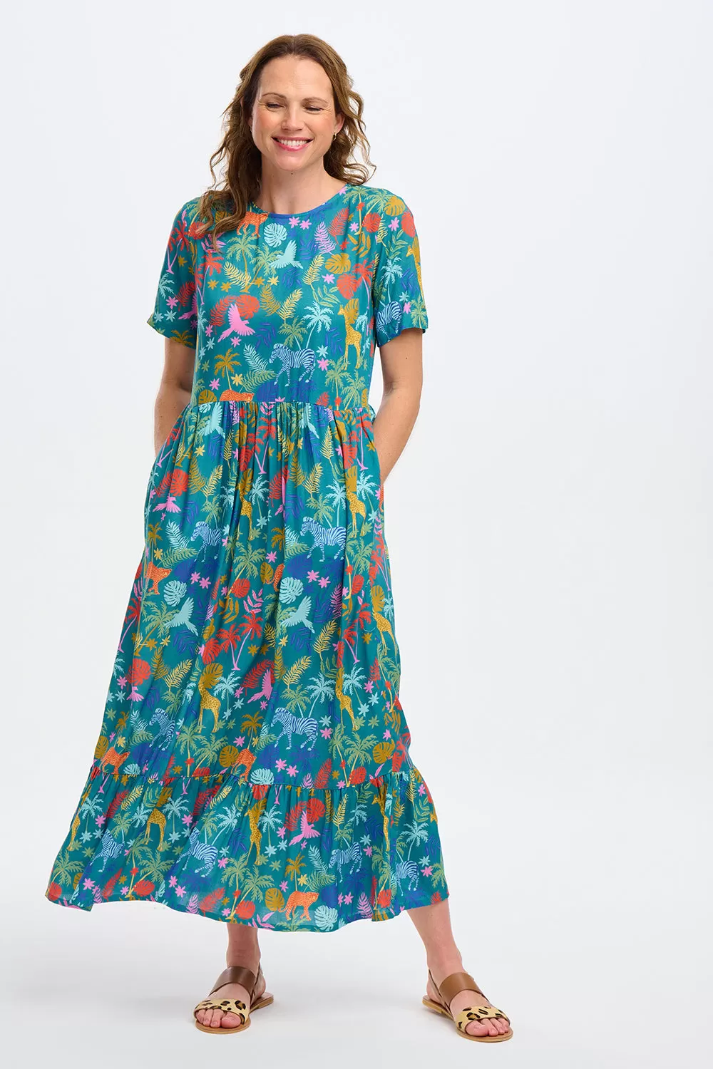 Vicky Maxi Smock Dress - Teal, Rainbow Jungle