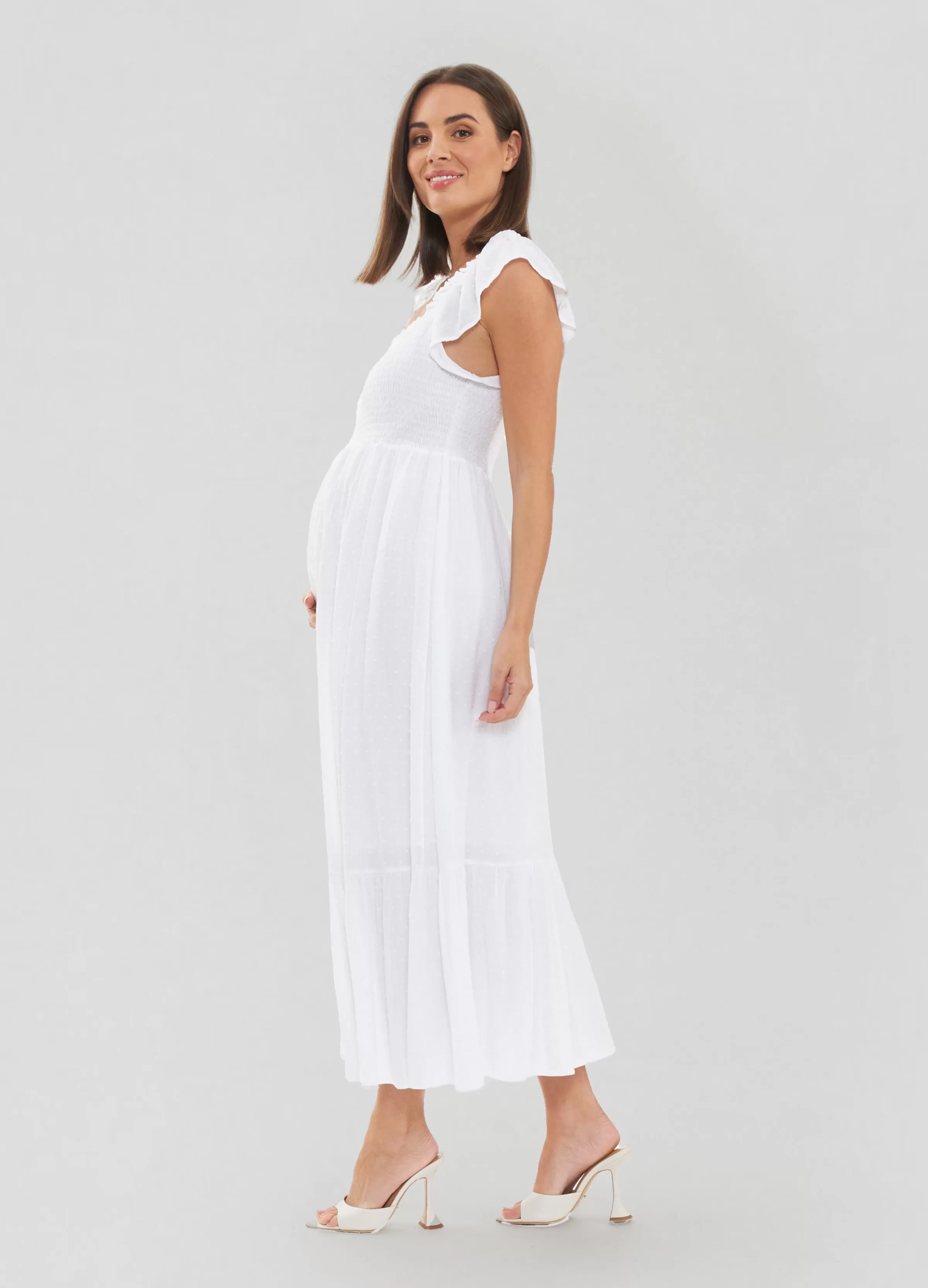 White Tiered Eyelet Maternity Dress