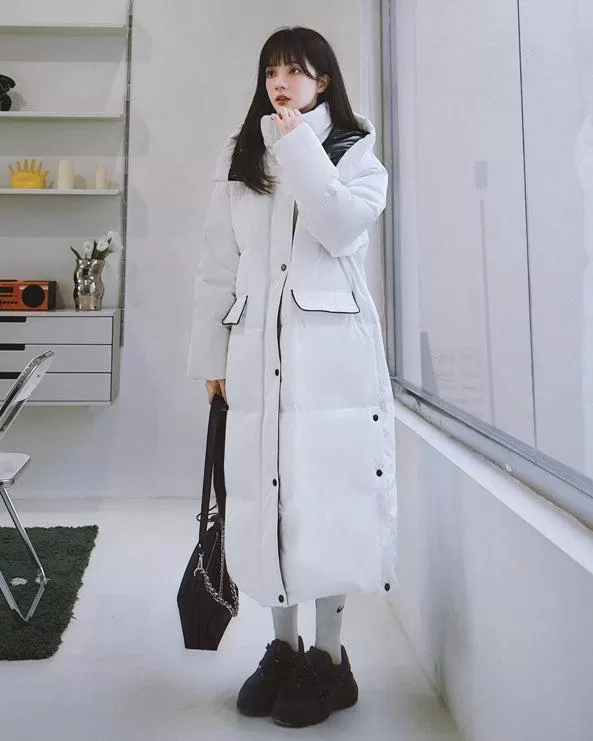 Women White Hooded Long Down Coat Warm Quilted Down Puffer Parka Oversize Black Winter Coat