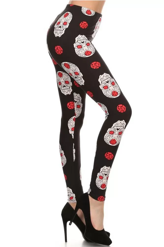 Women's 3 X 5X Skull Heads Rose Pattern Printed Leggings