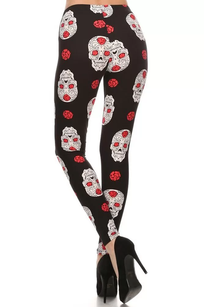 Women's 3 X 5X Skull Heads Rose Pattern Printed Leggings