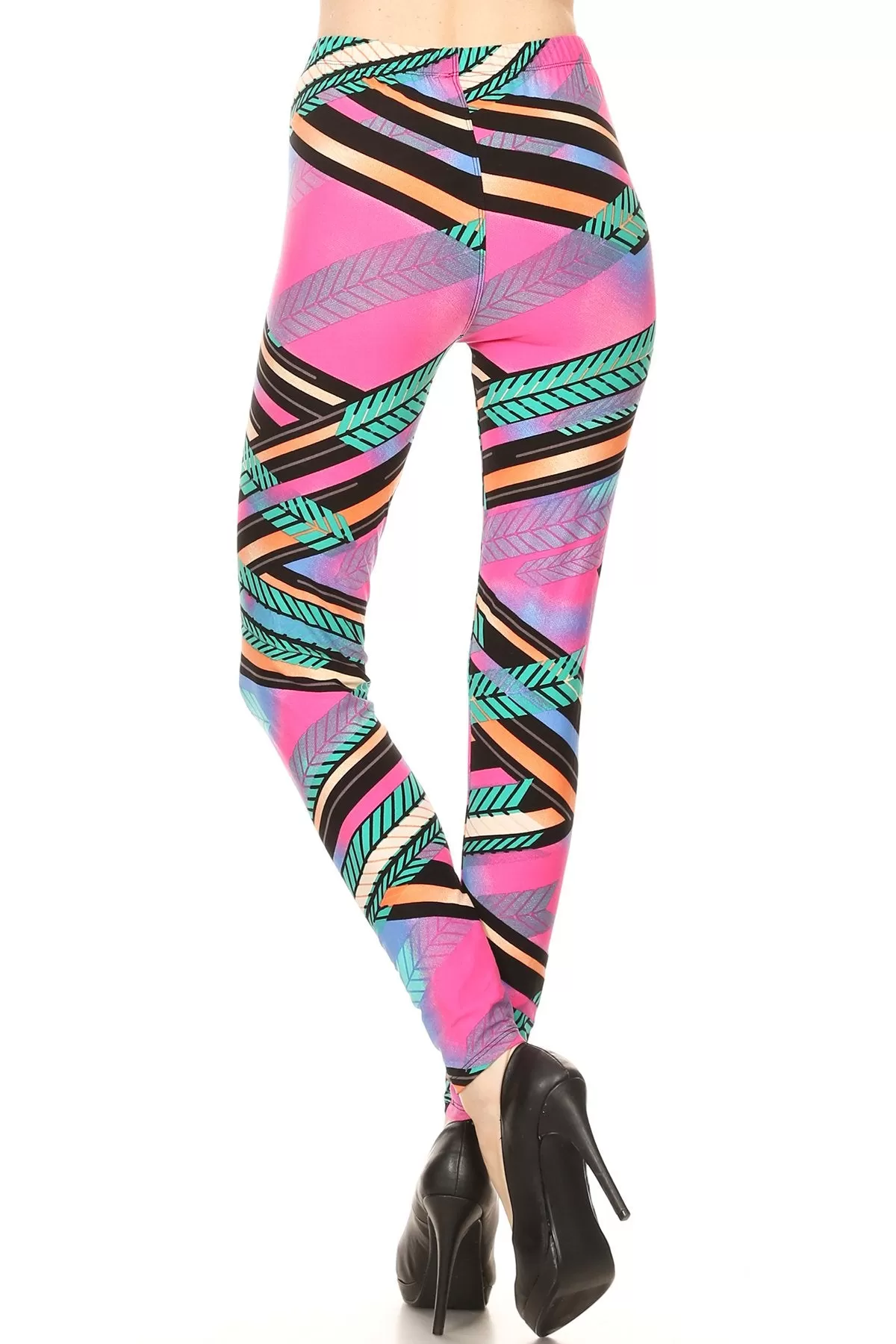 Women's Plus Feather Stripe Pattern Printed Leggings - Pink Blue