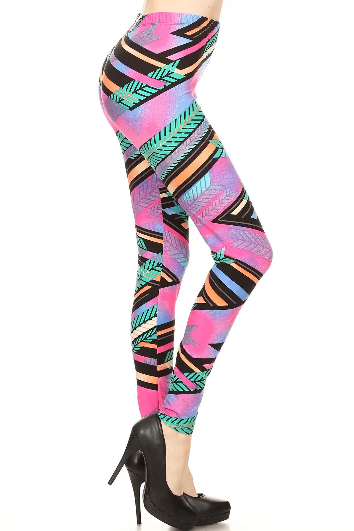 Women's Plus Feather Stripe Pattern Printed Leggings - Pink Blue